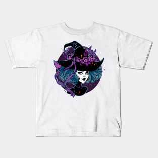 cute gothic witch wearing hat decorated with flowers Kids T-Shirt